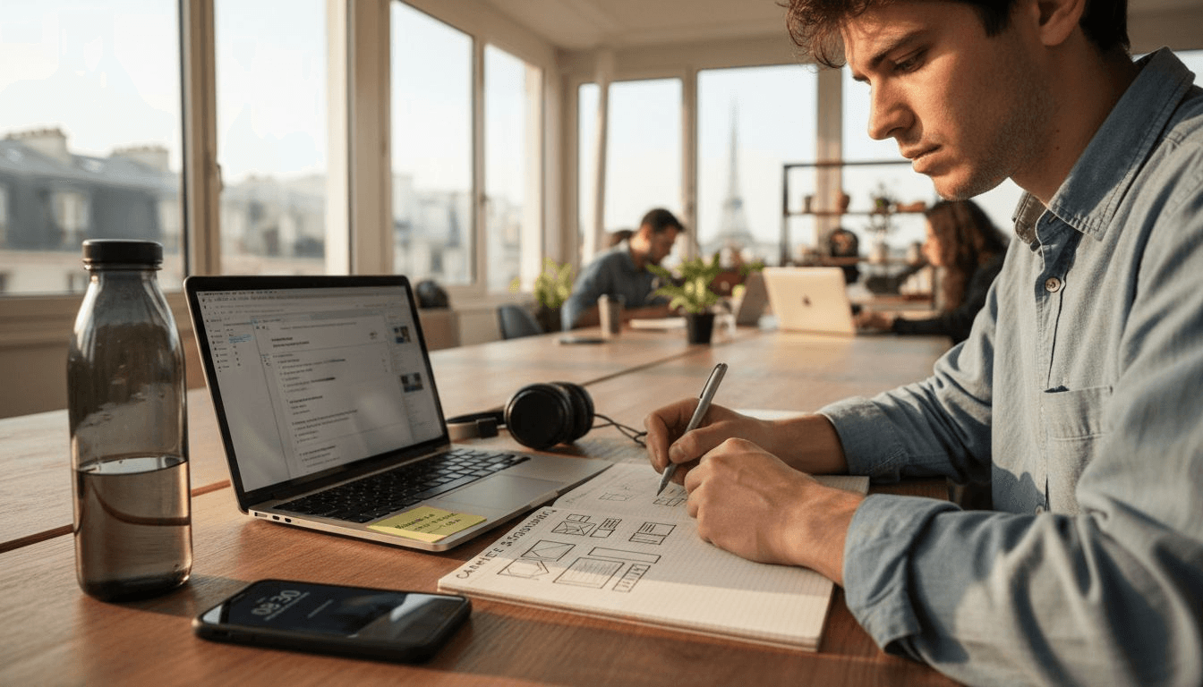Un webdesigner en pleine séance de croquis, installé à son bureau baigné de lumière naturelle.