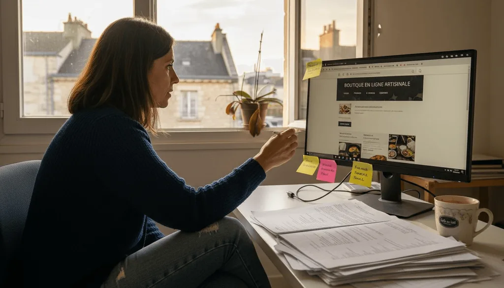 Une femme consulte le site web de son entreprise, baignée par la lumière douce de l'après-midi.