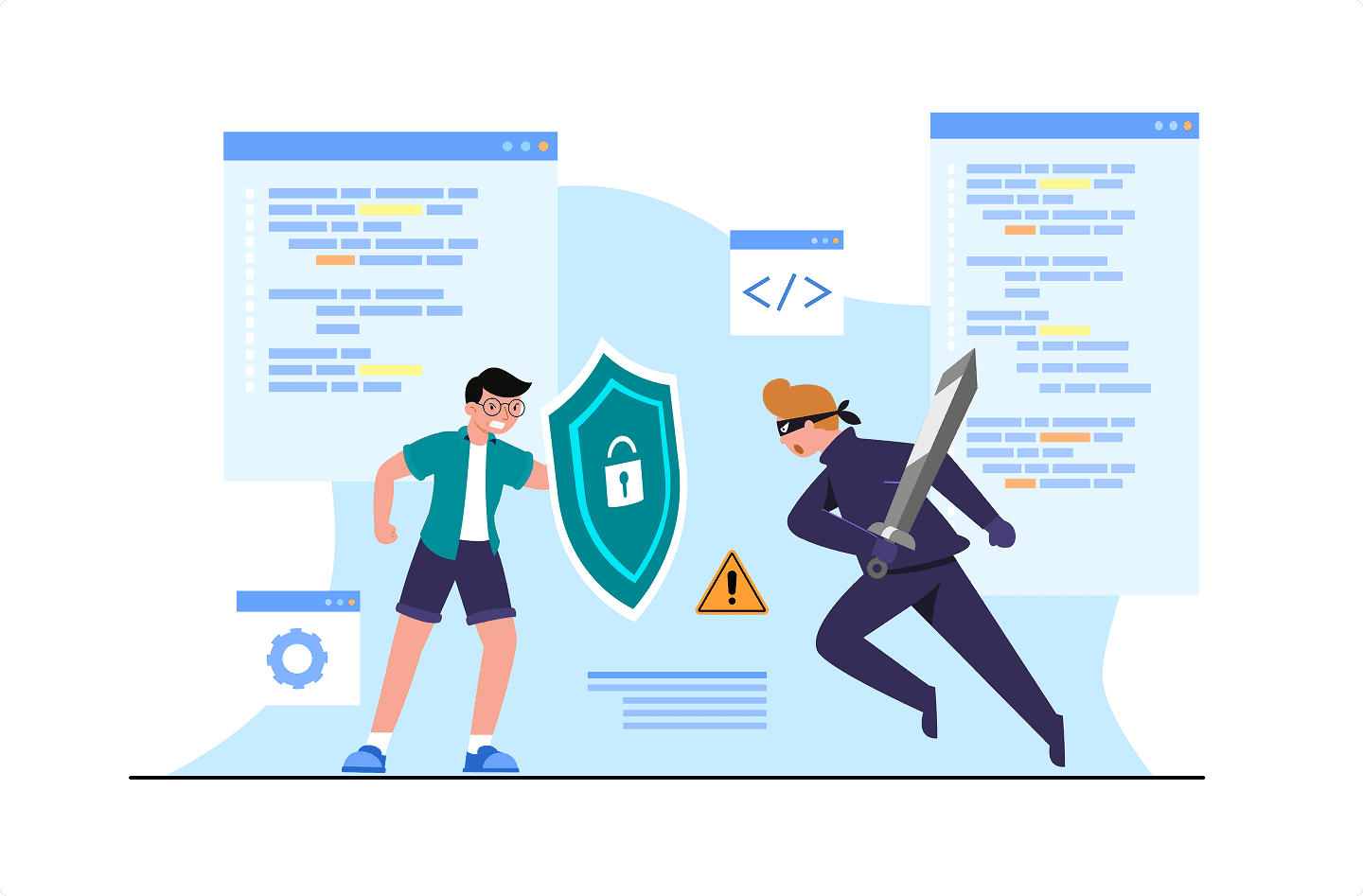 Illustration of a hacker with a sword trying to attack an employee protected by a firewall shield