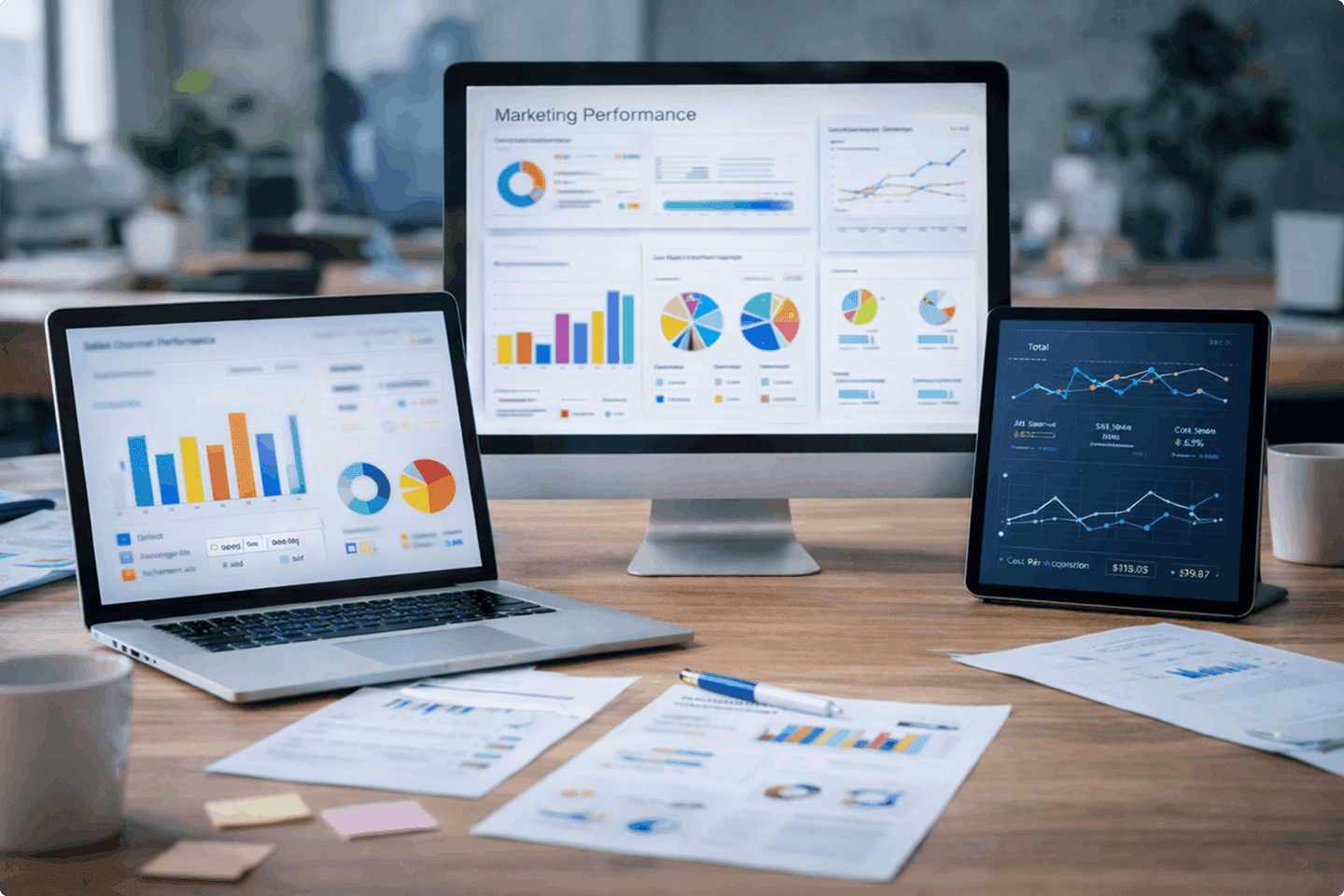 Ecrans d'ordinateur affichant des statistiques liées au marketing