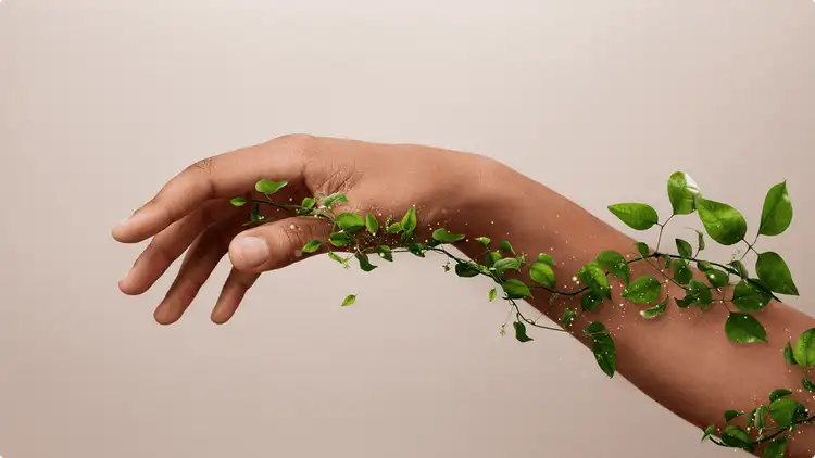 Main humaine entrelacée de feuilles symbolisant l’harmonie entre nature et technologie