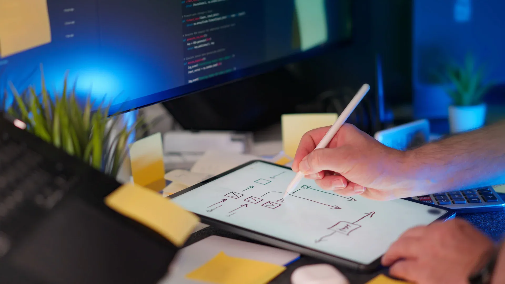 Designer qui esquisse le wireframe d'une page web sur une tablette