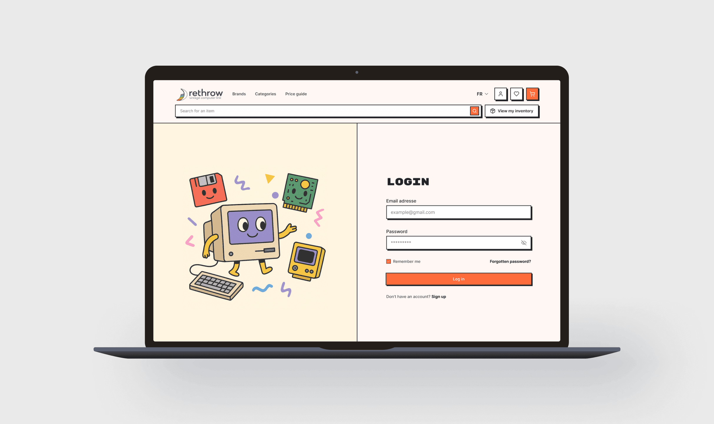 Ordinateur présentant la page login rethrow